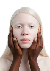 Striking Portrait Of Porcelain-Skinned Albino Woman Cradled By Deep Mahogany Hands In Symbolic Harmony Isolated On PNG Background.
