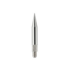 A single, new, gleaming silver-toned interchangeable metal knitting needle tip with a finely tapered point and screw mechanism, on a transparent, shadowless studio background, concept of precision