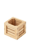 A miniature wooden crate of finely-grained pine, polished with precise joinery. Isolated on seamless transparent, shadowless studio light, 3/4 overhead view, concept for pristine commercial product