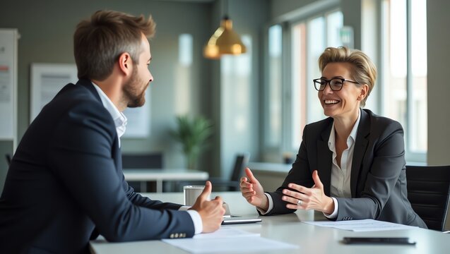 Business Meeting, Professionals Engaging, Modern Office, Photograph, Collaborative Environment, Dynamic Viewpoint, Effective Communication - Powered by Adobe