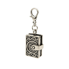 A small, intricately designed polished metal planner charm with a silver-toned lobster clasp, photorealistic UHD, transparent studio background, e-commerce product display concept