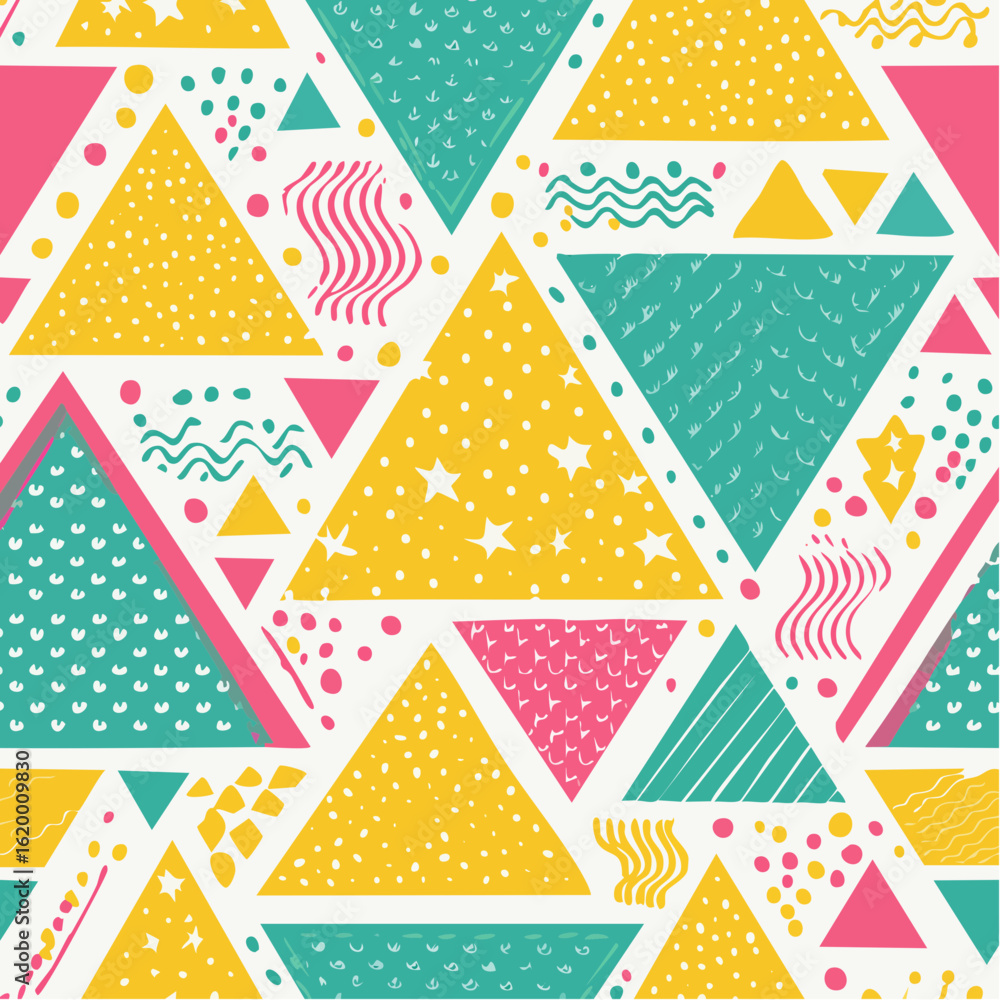 Poster abstract geometric pattern with colorful triangles, dots, and wavy lines on a white background.