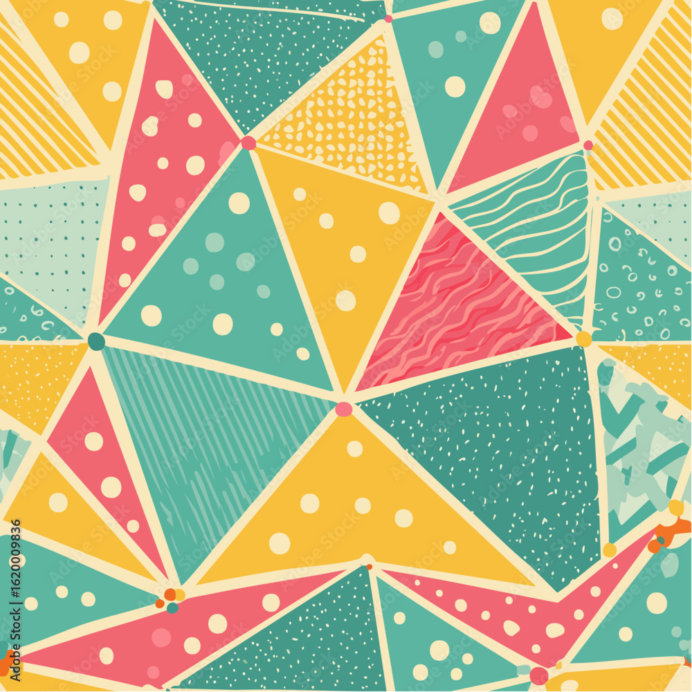 Poster abstract geometric pattern with colorful triangles and textured fills.