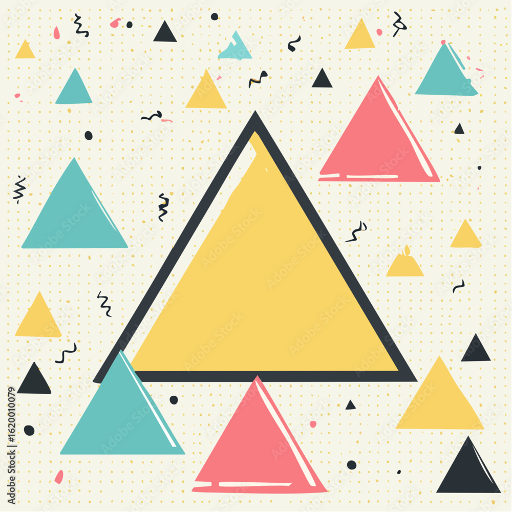 Poster a vibrant abstract pattern featuring a large central yellow triangle surrounded by smaller triangles