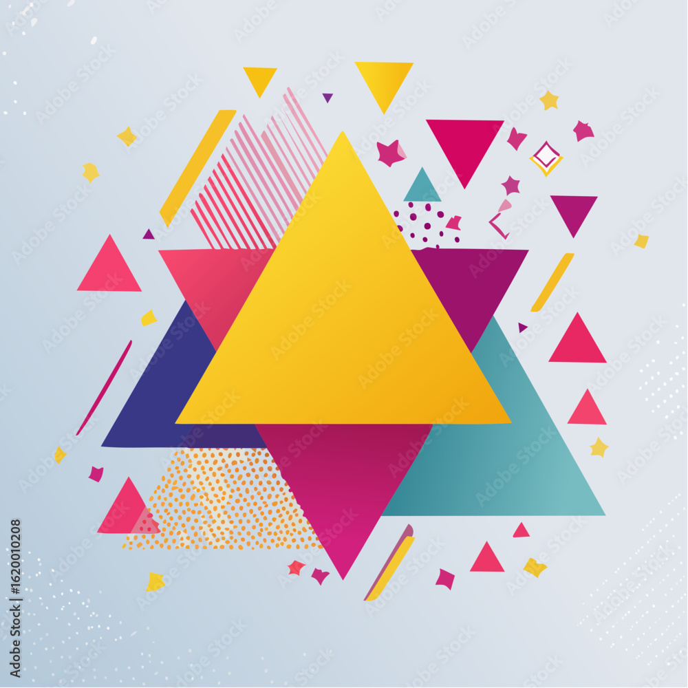 Poster abstract geometric composition featuring triangles of various sizes, colors, and patterns against a 