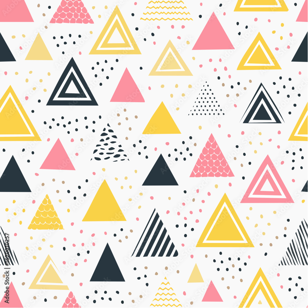 Poster a repeating pattern featuring colorful triangles of various designs and textures scattered across a 
