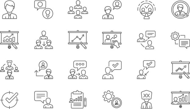 Vector art of set of business and management icons in line style contains icons such as avatar, profile, user, customer, service, online meeting, presentation, chart, graph, business report