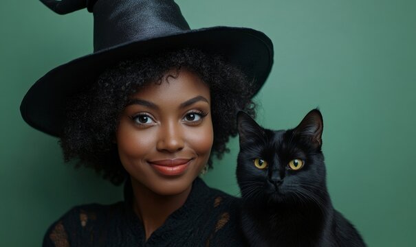 African American woman dressed as a witch with a black cat for Halloween, set against a plain green background with copy space, Generative AI - Powered by Adobe