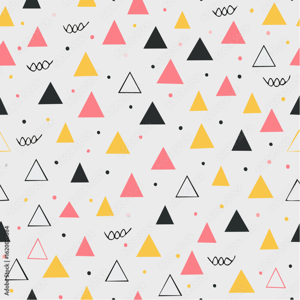 Poster abstract geometric pattern of triangles, dots, and swirls in various colors.