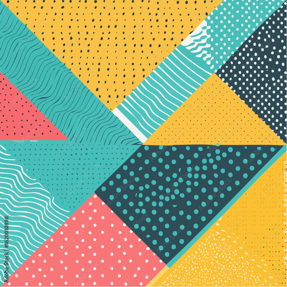 Poster colorful geometric abstract design featuring various textured triangles and patterns.