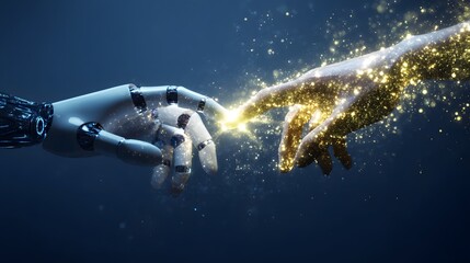 Robot and human hand touch in glowing light