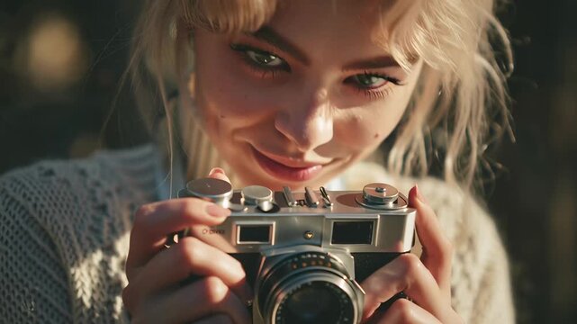 Young woman captures moments with vintage camera in sunny outdoor setting, showcasing passion for photography and creativity