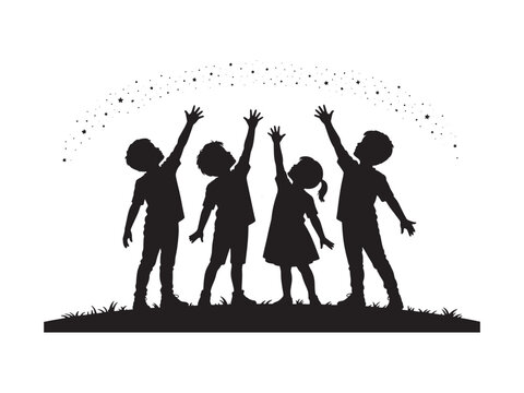 Silhouette of four children reaching for stars isolated on white background