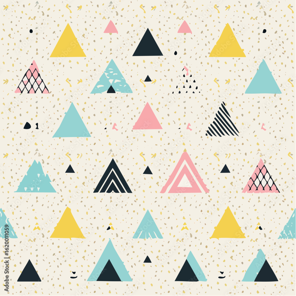 Poster a playful seamless pattern of colorful hand-drawn triangles with various textures on a speckled back