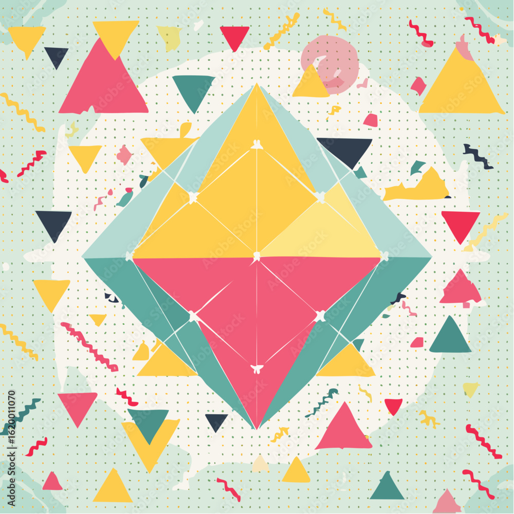 Poster geometric abstract art featuring a colorful, multifaceted crystal-like form surrounded by triangles 