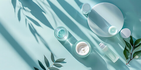 Minimalist Arrangement of White Ceramic Cups, Glasses, and Greenery on Light Blue Background with Shadows

