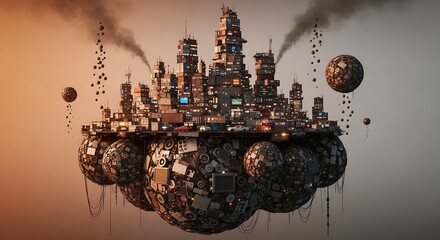 Floating scrapheap city, a dystopian urban landscape crafted from stacked containers and electronic junk, emitting smoke into a hazy, polluted sky.