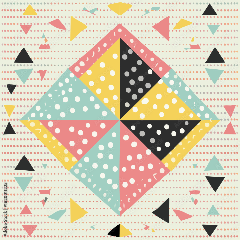 Aufkleber geometric abstract design featuring a central diamond shape with colorful polka dots and triangles.
