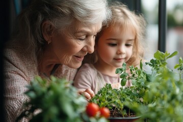 Senior grandmother gardening with her small granddaughter on a balcony in the summer, fostering family bonds while nurturing plants and creating memories, Generative AI