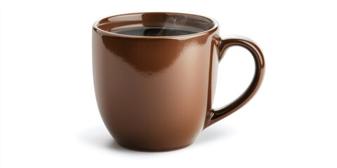 Ceramic coffee mug with steam rising on white background