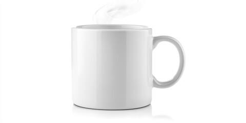 Ceramic coffee mug with steam rising on white background