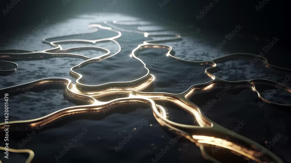 Poster captivating golden river style patterns flowing over a dark surface in an artistic layout, creating 