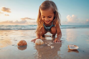 Small girl in a  playing at the beach, crouching down to search for shells in the sand. The image reflects the joy and curiosity of childhood during summer vacations by the sea, Generative AI