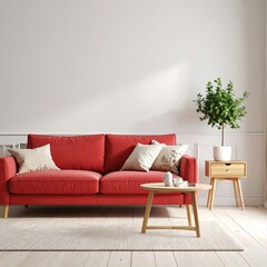 Red couch in a bright living room