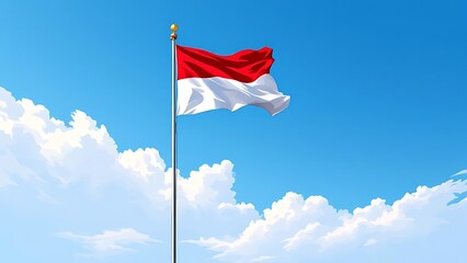Vector art of Indonesian flag fluttering against a clear blue sky, symbolizing national pride and freedom. Ideal for Independence Day campaigns and patriotic visuals