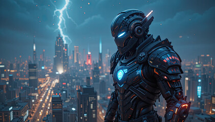 Naklejka premium A futuristic armored figure standing guard over a neon lit cityscape with lightning in the background
