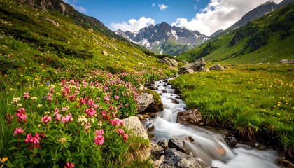 Alpine meadow stream with wildflowers