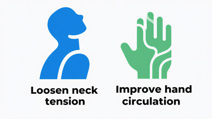 Fototapeta premium Neck and hand icons represent relaxing neck tension and improving hand circulation, used for office health and daily health care scenarios.