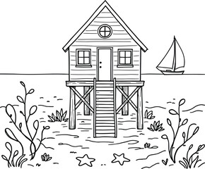 A line drawing of a beach house on stilts with a sailboat and vegetation in the foreground and background