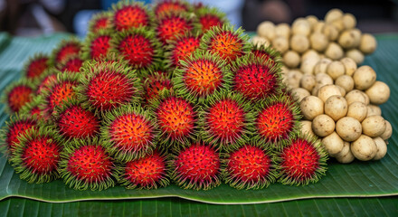 Fototapeta premium Vibrant Red Rambutans with Beige Longkong Fruits on Green Leaf