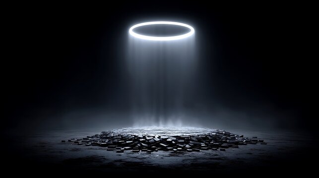 A halo of layered concentric rings made of diffused energy light, softly glowing and surrounded by floating reflective shards