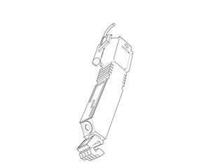 Wireframe, Depiction, Technical Drawing, Simple Line Art, Outline Illustration, Monochrome of an action figure robot arm with an exhaust pipe, hinting at its transformable truck trailer design.