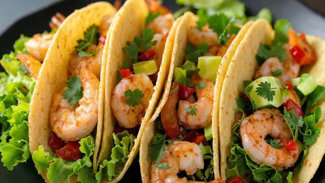 Delicious shrimp tacos with cilantro, lime, and fresh vegetables.