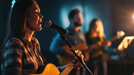 Church worship team rehearsing before service