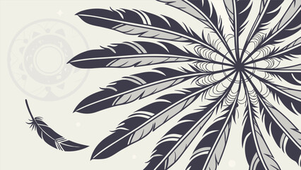 Elegant native american inspired feather mandala design with a single floating feather and subtle circular pattern on a cream background