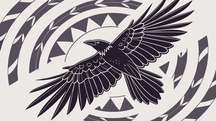 Majestic raven soars amidst tribal sun symbolism and feathered patterns in a stylized graphic illustration