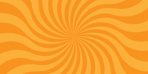 Vector orange sun rays sunburst texture background. Modern seamless retro vintage burst sunrise sunbeam element spiral striped illustration sunray template wallpaper design.	
