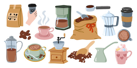 Flat vector illustration of a hand drawn set of coffee themed elements, including a various cups, paper cup, coffee maker, cezve, grinder and more. Perfect for cafe, menu, or coffee packaging design