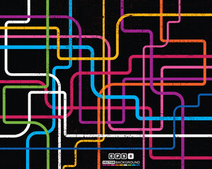 Grunge retro vector background with colorful curved lines on a black textured surface. Perfect for tech, music, or abstract designs.