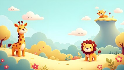 Fototapeta premium Whimsical Fantasy Jungle Scene with Adorable Wildlife