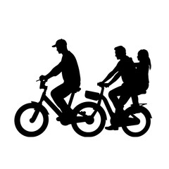 Obraz premium Family silhouette on bicycles riding together. Father and mother with child enjoying bike ride. Happy family cycling adventure. Silhouette image perfect for family blog, website, or brochure.