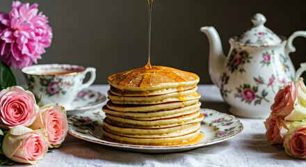 Golden Pancakes with Dripping Syrup, Pink Roses and Tea Setting