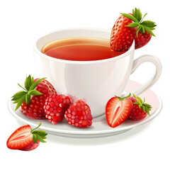 Strawberry tea in a white cup. Fresh berries surround the cup