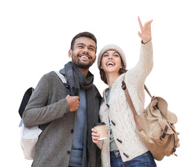 Beautiful happy couple winter portrait isolated transparent PNG, Young joyful smiling woman and man travel together isolated transparency, Love, travel, tourism, students concept