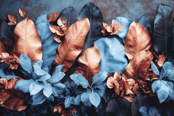Colorful, textured leaves in a mix of copper, blue, and dark tones
