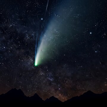 Spectacular Green Comet C/2022 E3 (ZTF) Above Mountain Silhouette, Night Sky Stars